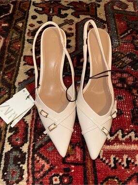 Zara Cream Pointed Slingback Heels with Gold Buckles